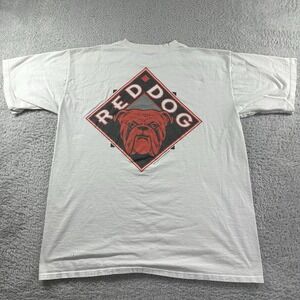 VINTAGE 90s Red Dog Beer Label Shirt Mens Large White Double Sided Distress Rips